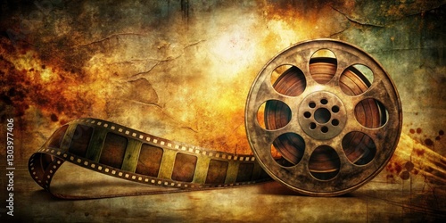 Vintage Film Reel with Aged Cinematic Filmstrip on Distressed Grunge Background Evoking Classic Cinema Nostalgia