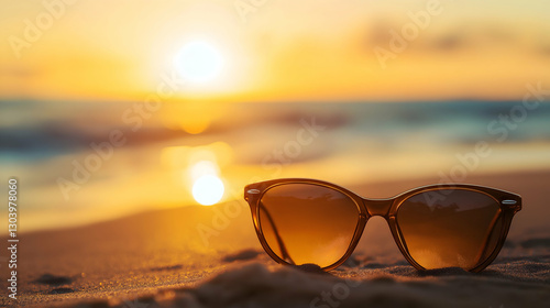 Wallpaper Mural Sunglasses resting on the beach sand with a beautiful sunset in the background, creating a serene and relaxing atmosphere. Torontodigital.ca