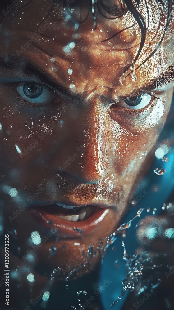 A determined mans face wet with water droplets is visible A determined mans face wet with water droplets is visible