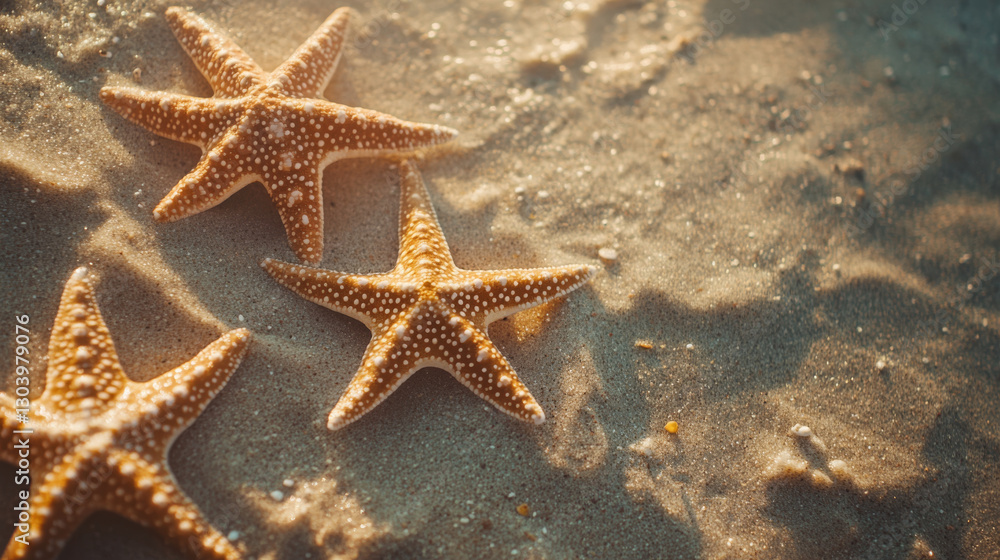 Starfish resting on sandy beach under warm sunlight Starfish resting on sandy beach under warm sunlight