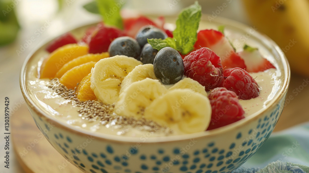 vibrant smoothie bowl topped with fresh fruits like bananas, berries, and mint vibrant smoothie bowl topped with fresh fruits like bananas, berries, and mint