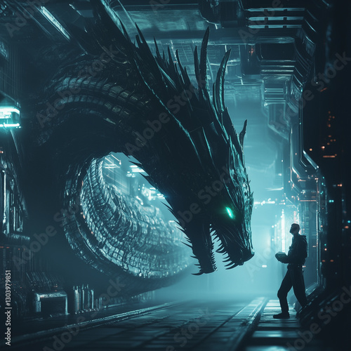 Abstract dragon in high tech background image, generative AI illustration