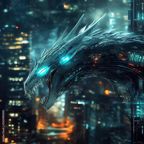 Abstract dragon in high tech background image, generative AI illustration
