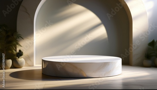 the setting features a round marble podium positioned against an arched wall soft light filters through creating a serene and elegant atmosphere ideal for presentations or displays