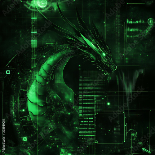 Abstract dragon in high tech background image, generative AI illustration