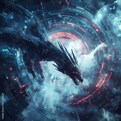 Abstract dragon in high tech background image, generative AI illustration