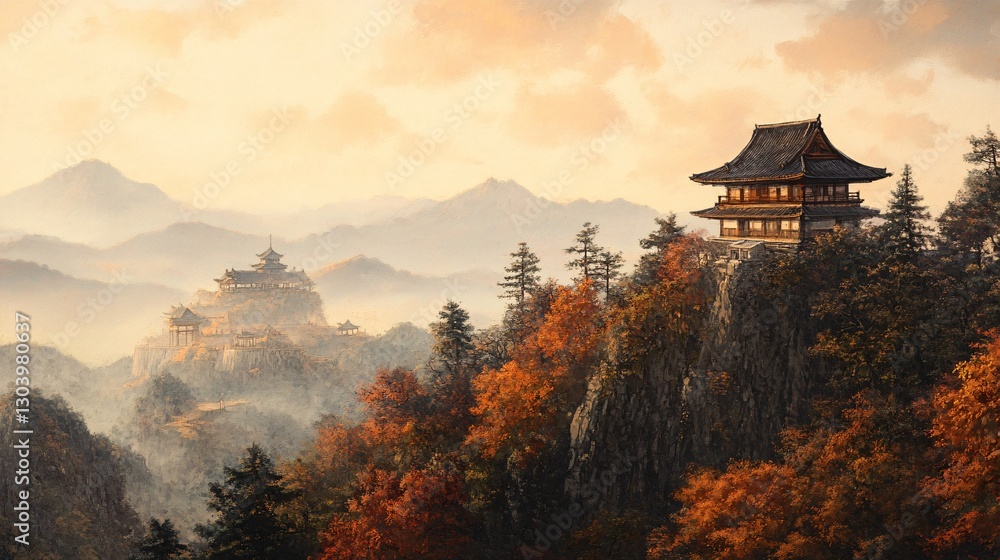 Fototapeta premium Serene Landscape Featuring Ancient Asian Architecture Surrounded by Autumn Foliage and Majestic Mountains Under a Tranquil Sky with Soft Orange and Brown Hues