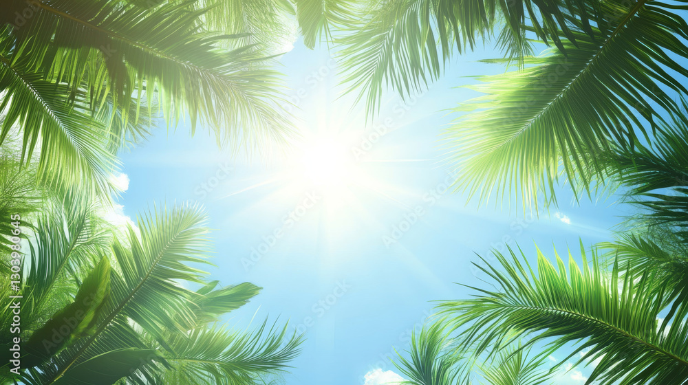 Bright sun shining through palm leaves against blue sky Bright sun shining through palm leaves against blue sky
