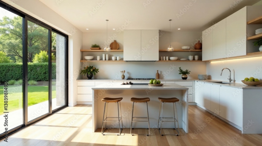 Bright, modern kitchen with island and sliding glass doors to a garden Bright, modern kitchen with island and sliding glass doors to a garden