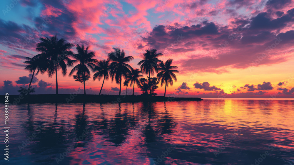Fototapeta premium Tropical island paradise with palm silhouettes at sunset