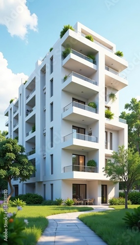 Modern low poly apartment complex in white color, building, polygon