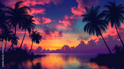 Tropical island paradise with palm silhouettes at sunset