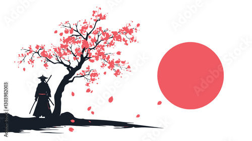 The image is a minimalist illustration featuring a black silhouette of a samurai standing next to a stylized cherry blossom tree with pink blossoms. Pink petals are falling from the tree. A