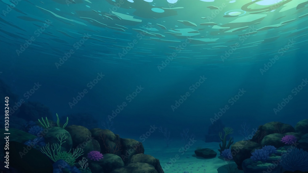Fototapeta premium Serene Underwater Scene Sunlit Ocean Floor with Rocks and Coral