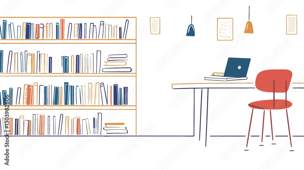 A digital illustration depicting a minimalist home office workspace. The illustration features a light-colored wooden bookshelf filled with various books, a simple desk with a laptop placed