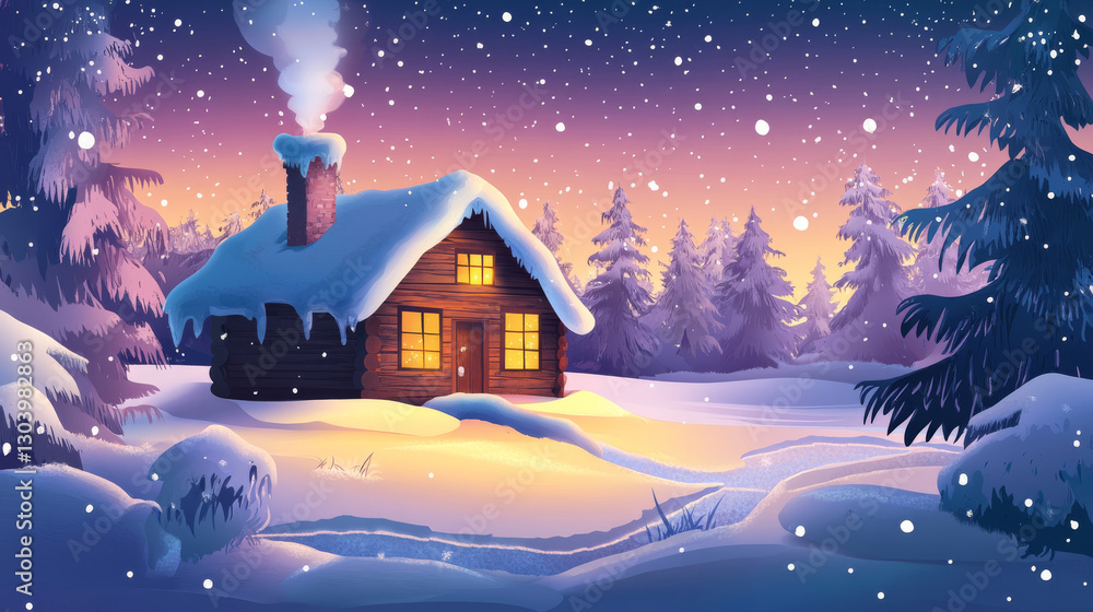 Naklejka premium Cozy winter cabin surrounded by snow and trees at sunset