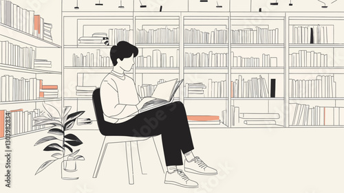 The illustration depicts a young man sitting in a chair, working on a laptop computer. He is situated in a room with extensive bookshelves filled with books, suggesting a library or home