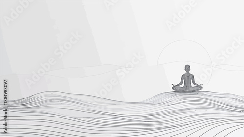 The image is a minimalist digital illustration featuring a grayscale silhouette of a person seated in a lotus position atop an abstract landscape. The landscape is rendered with flowing,