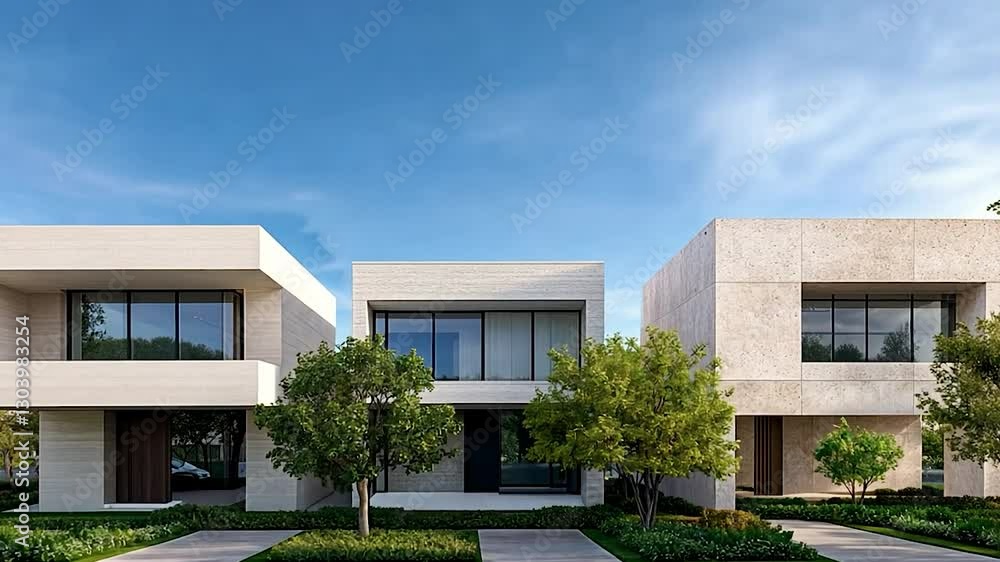 Modern architectural design featuring three minimalist houses with lush greenery and clear skies Modern architectural design featuring three minimalist houses with lush greenery and clear skies