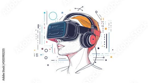 Line art illustration depicting a person's profile wearing a VR headset and headphones. The style is minimalist and modern with a color palette of dark blue, orange, red, and various shades
