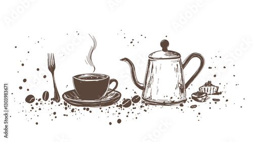 A hand-drawn illustration depicting a still life arrangement of a cup of coffee with steam rising from it, a coffee pot, scattered coffee beans, and a fork. The style is a sepia-toned