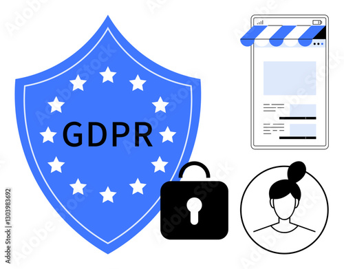 Shield marked GDPR, padlock, user avatar, and website layout emphasize data protection, user privacy, cybersecurity, and legal compliance. Ideal for EU regulations, consent safety governance