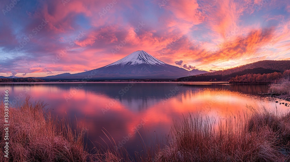Stunning Sunset Over Mount Fuji with Vibrant Colors Reflected in Tranquil Lake and Lush Foreground Grass Capturing the Beauty of Nature and Serenity Stunning Sunset Over Mount Fuji with Vibrant Colors Reflected in Tranquil Lake and Lush Foreground Grass Capturing the Beauty of Nature and Serenity