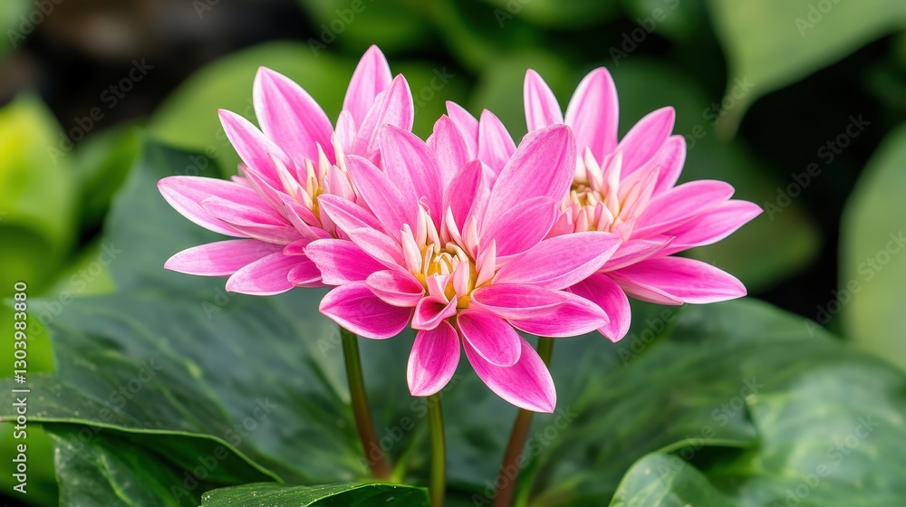 A vibrant cluster of pink water lilies blooms amidst lush green foliage, showcasing their delicate petals and serene beauty. A vibrant cluster of pink water lilies blooms amidst lush green foliage, showcasing their delicate petals and serene beauty.