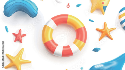 A digitally rendered image featuring a life preserver as the central element. The life preserver is orange, red, and white, with a glossy finish.  Surrounding the life preserver are