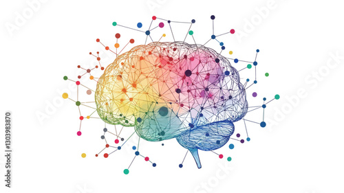 A stylized illustration of a human brain depicted in a wireframe style with a rainbow color gradient.  Numerous small colored dots are connected by thin lines radiating outward from the