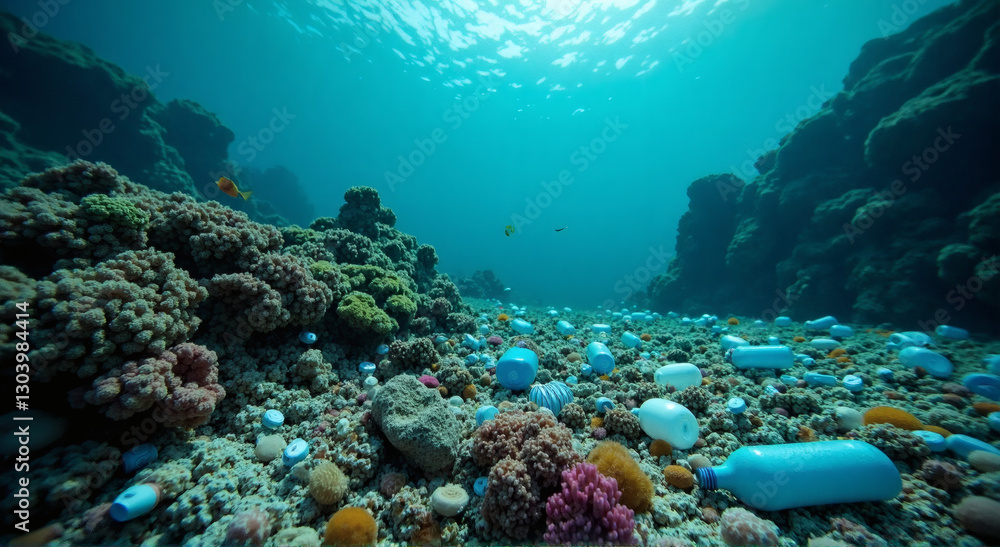 Fototapeta premium Underwater Coral Plastic Pollution, underwater scene revealing a coral reef overtaken by plastic waste