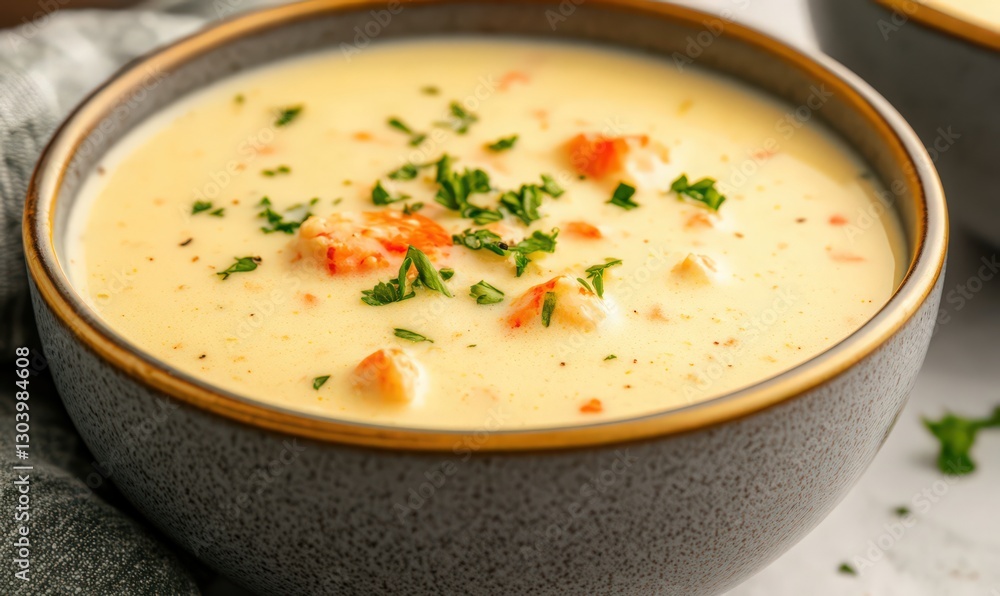 Creamy Lobster Bisque in Gray Bowl with Parsley Garnish Creamy Lobster Bisque in Gray Bowl with Parsley Garnish