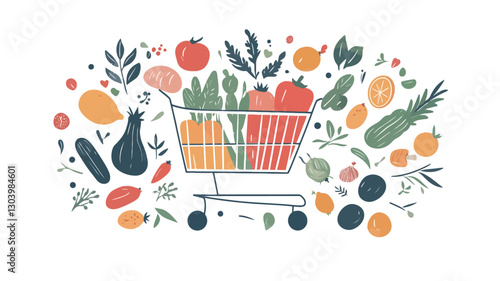 A digital illustration depicting a small shopping cart filled with various fruits and vegetables.  The cart is centrally located and surrounded by additional fruits and vegetables, rendered