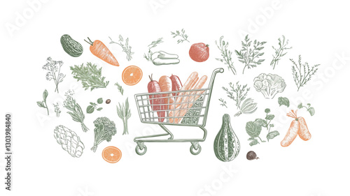 A stylized illustration depicting a miniature shopping cart filled with various fruits and vegetables.  The cart is centrally located, surrounded by additional produce items scattered
