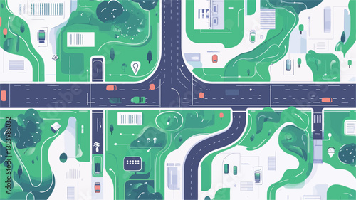 The image is a stylized, illustrated aerial view of city blocks.  The style is flat design with minimal detail.  The color palette is primarily composed of greens, blues, and whites.  Roads