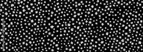 Tiny flowers seamless pattern. Black and white ditsy repeated pattern. Floral background for textile print, fabric swatch, dress ornament, clothes design ornament. Vector cute romantic ditzy wallpaper