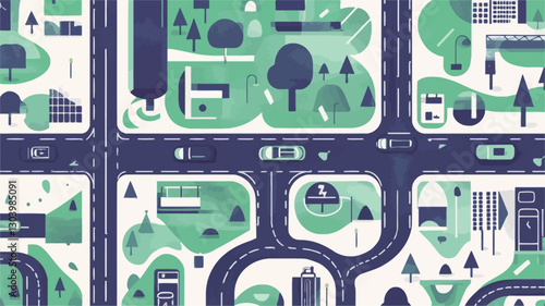 The image is a stylized, abstract illustration of a city map.  It features simplified shapes representing buildings, parks, roads, and other urban elements rendered in a flat,
