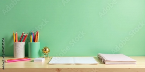 Wallpaper Mural A serene workspace scene featuring colorful pencils, a notebook, and a small globe, all arranged on a light wood desk against a calming mint green backdrop. Torontodigital.ca