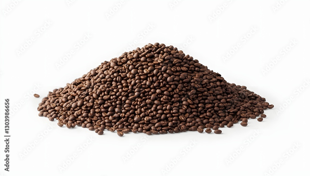 Pile of roasted coffee beans, studio shot, white background, food product Pile of roasted coffee beans, studio shot, white background, food product