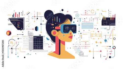 A stylized illustration depicting the head and shoulders of a woman wearing a virtual reality headset. The woman's image is presented in a flat, graphic style with bold colors.  The