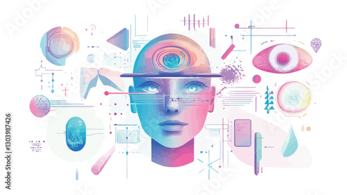 The image is a digital illustration depicting a stylized human head rendered in pastel colors. The head is bisected horizontally by a thin line, suggesting a division or connection.