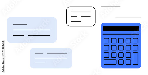 Blue calculator alongside text boxes symbolizing budgeting, accounting, and financial organization. Ideal for finance, accounting, budgeting, data entry, calculations reporting planning. Flat