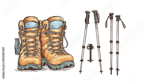 A digital illustration depicting a pair of tan, high-top hiking boots and two sets of collapsible trekking poles. The boots are shown from a slightly elevated angle, showcasing their laces
