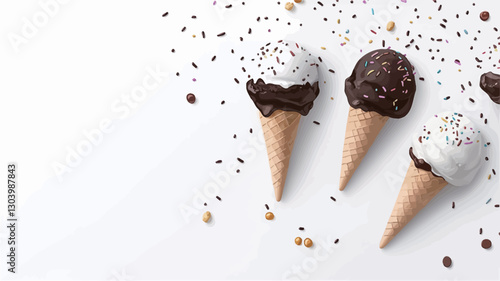 High-angle, close-up view of three ice cream cones on a white background. Two cones are dipped in dark chocolate, one is partially dipped, and one is topped with white icing and sprinkles.