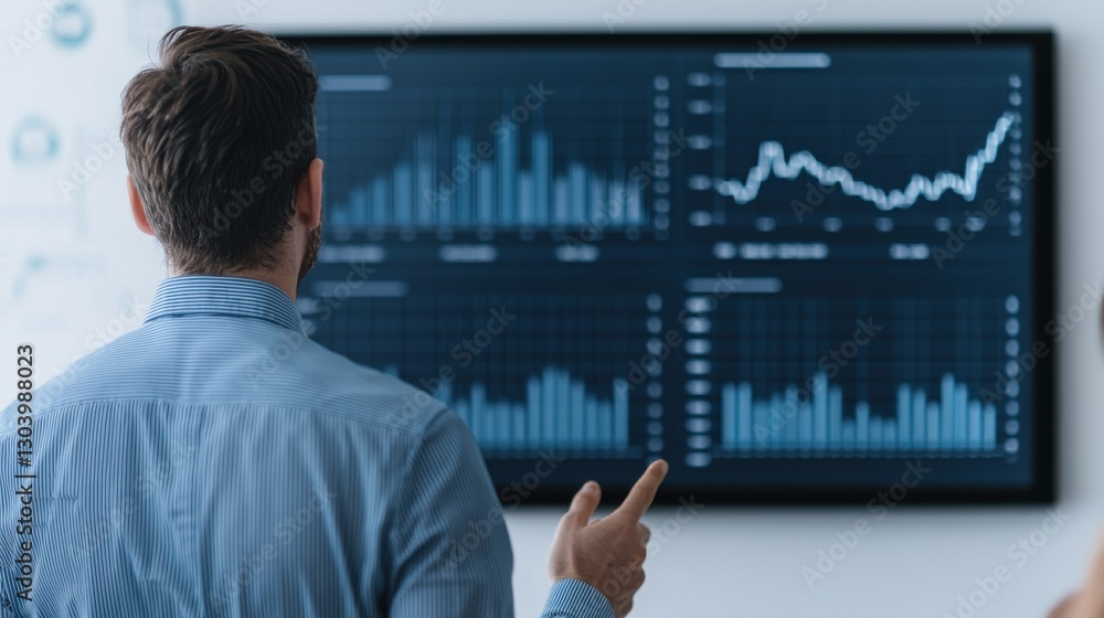 A man analyzes data trends on a digital screen, focusing on graphs and statistics in a modern office environment. A man analyzes data trends on a digital screen, focusing on graphs and statistics in a modern office environment.