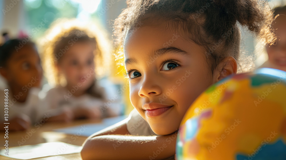 A young girl smiles while studying geography with classmates in a bright classroom setting A young girl smiles while studying geography with classmates in a bright classroom setting
