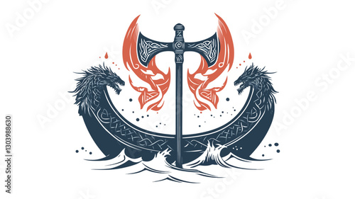 A vector illustration depicting a stylized Viking longship in navy blue with intricate knotwork details.  The ship is centrally positioned, with its prow and stern forming a symmetrical