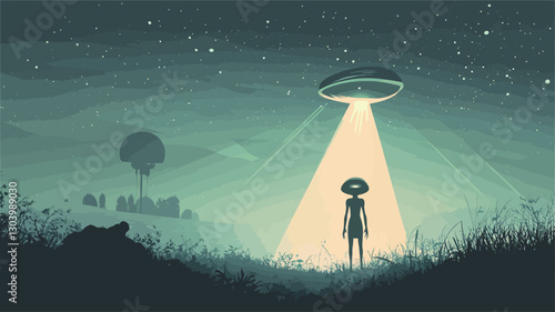 Digital illustration depicting a nocturnal landscape under a starry sky. A flying saucer hovers above a solitary figure, illuminated by a bright beam of light emanating from the craft. The