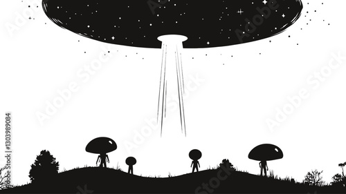 A monochrome illustration depicting a flying saucer-shaped UFO above a silhouetted landscape. The UFO is black with a speckled texture suggesting stars, emitting a bright beam of light