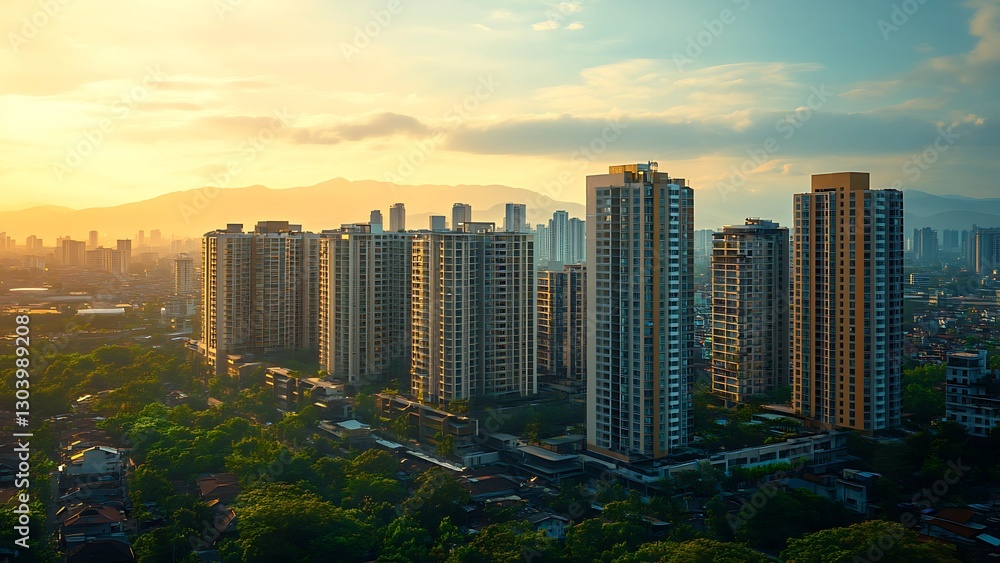 Fototapeta premium City Skyline at Sunrise: High-rise residential buildings stand tall against a vibrant sunrise sky, symbolizing urban development and modern living. Capturing the interplay of architecture.